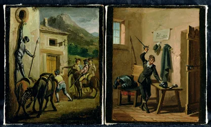 Don Quixote hanging from the window and preparing his armour, two scenes from the novel by Cervantes